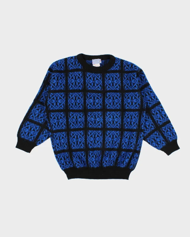 Vintage Natural High Blue Patterned Knitted Jumper - L Striped Floral Plaid