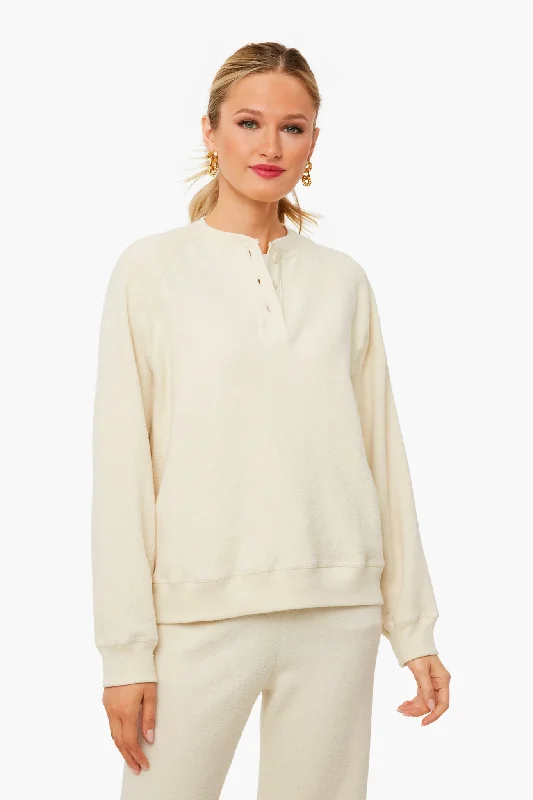 Washed White Fleece Slouch Henley Sweatshirt Hoodie with Hem Contrast Bold Stylish