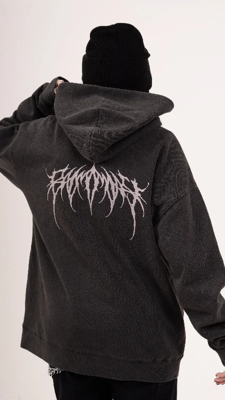 Zip Faded Metal Logo Hoodie - Black Hoodie with Slit Hem Functional Movement