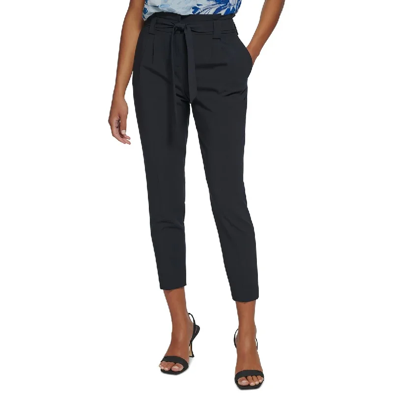 Womens High Rise Pleated Cropped Pants Stylish Paperbag Waist Pants