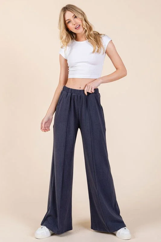 BOMBOM Elastic Waist Wide Leg Pants with Pockets - Navy Trendy Palazzo Pants