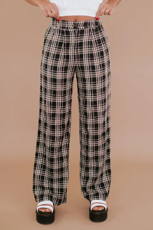 Streetwear Plaid Pant, Black Stylish Casual Pants