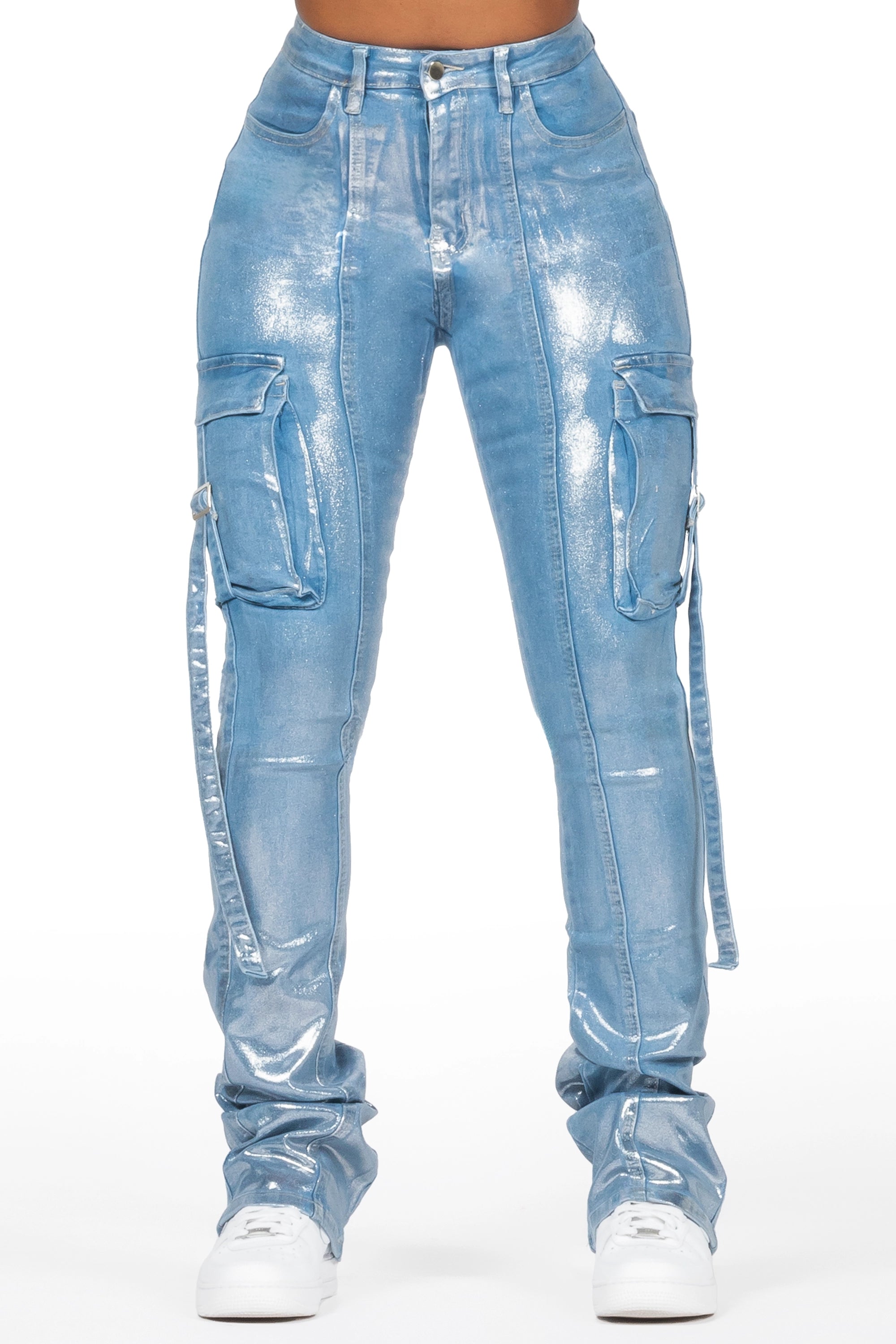 Lovera Light Wash Foiled Stacked Flare Jean Casual Loose Fit Jeans