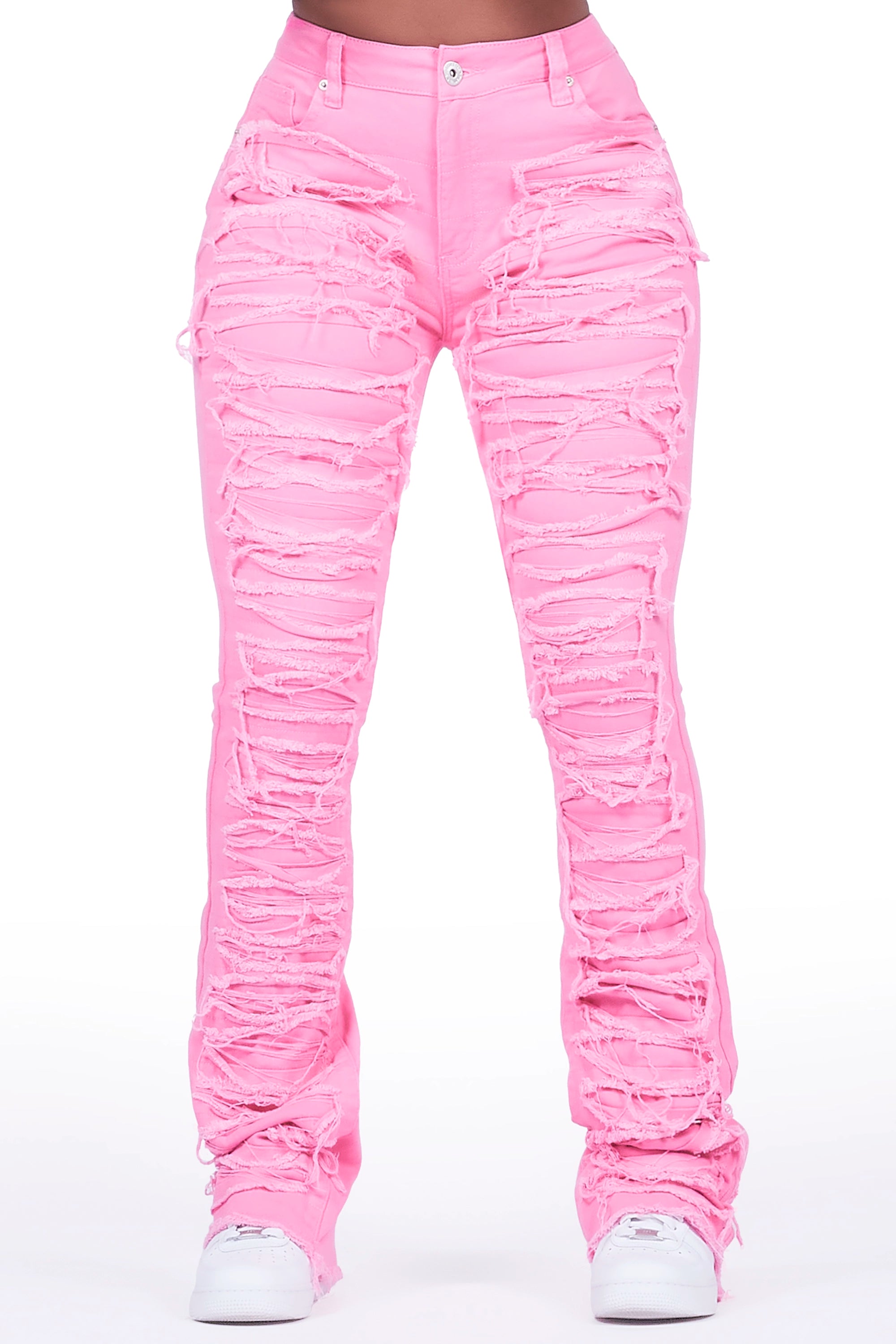 Tashiana Pink Stacked Flare Jean Trendy Classic Fit Jeans